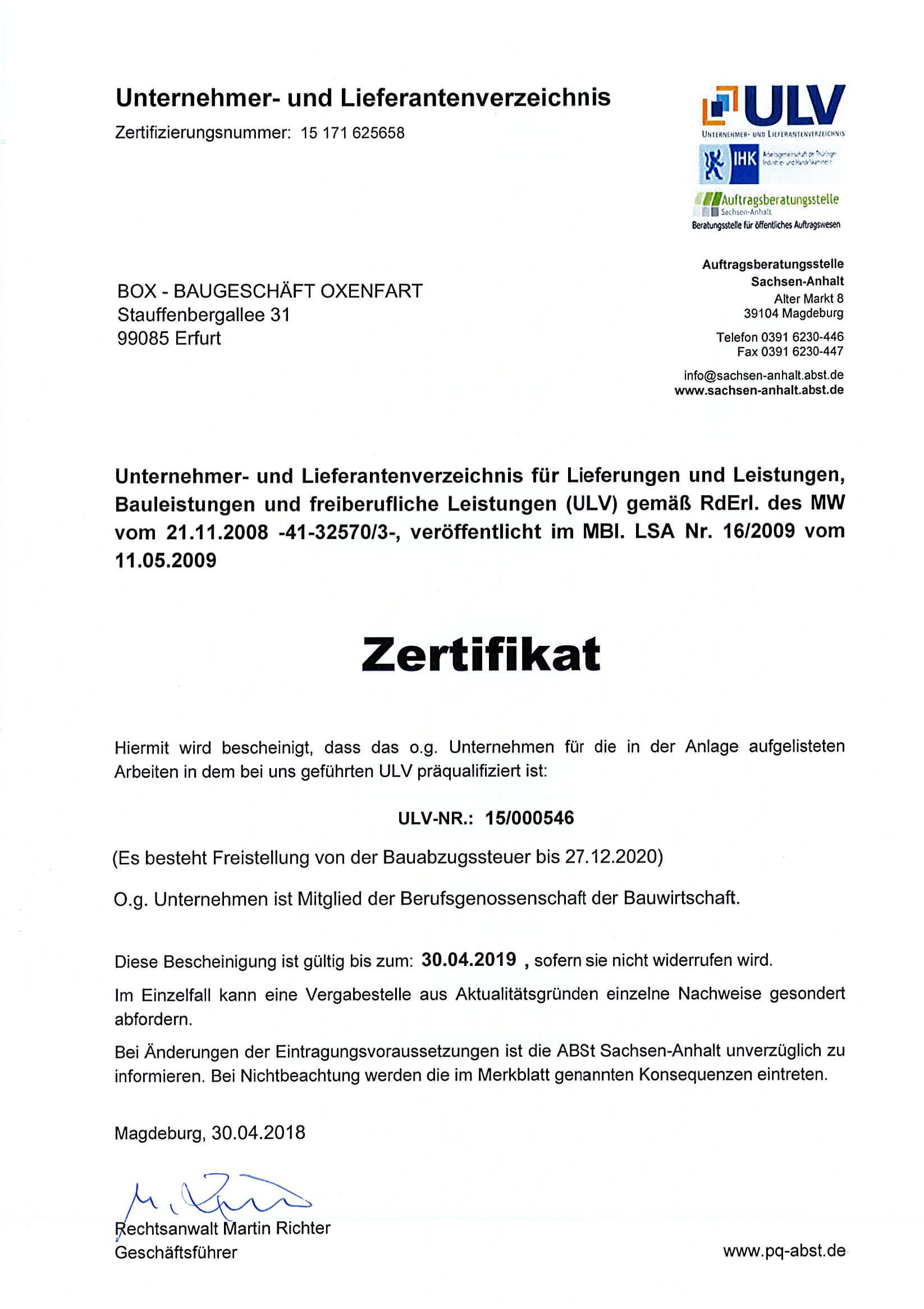Zertifikat „Baugeschäft Oxenfart - zertifiziertes Unternehmen (ULV-Nr.: 15/000546)
